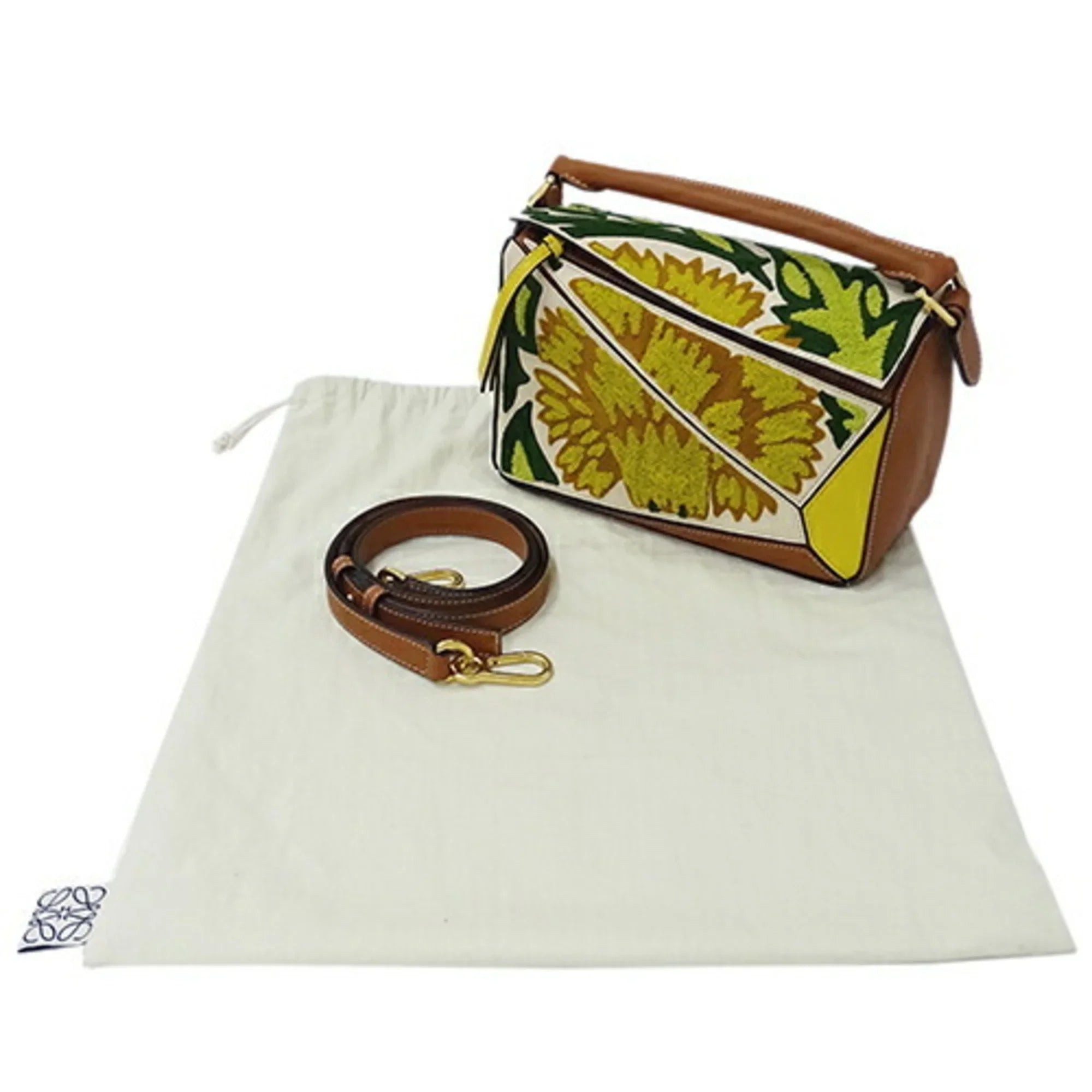 2way de Compact Women's LOEWE Shoulder (Good) Small Embroidery Mini Yellow Handbag William Collaboration Puzzle Brand Leather Brown Morgan Floral Bag Pre-Owned