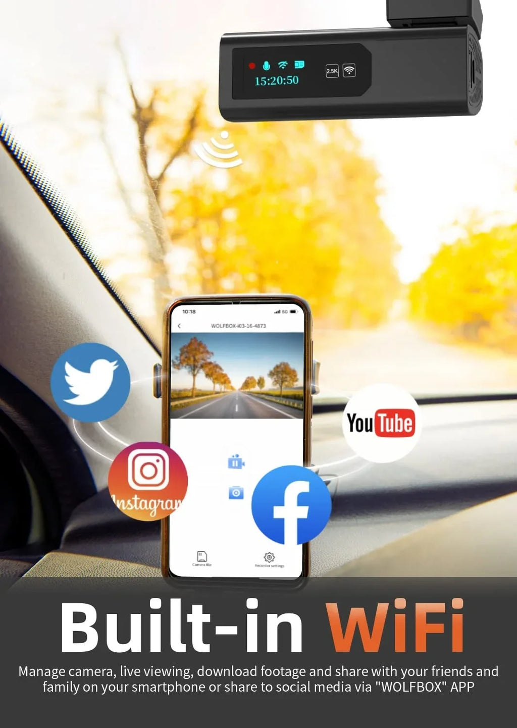 64GB Loop APP Dash Recording, WOLFBOX G-Sensor, Parking Full Monitor, Support Night Vision, Hours Dash HD Camera 2.5K Max with Cam, 24 Control, WiFi,