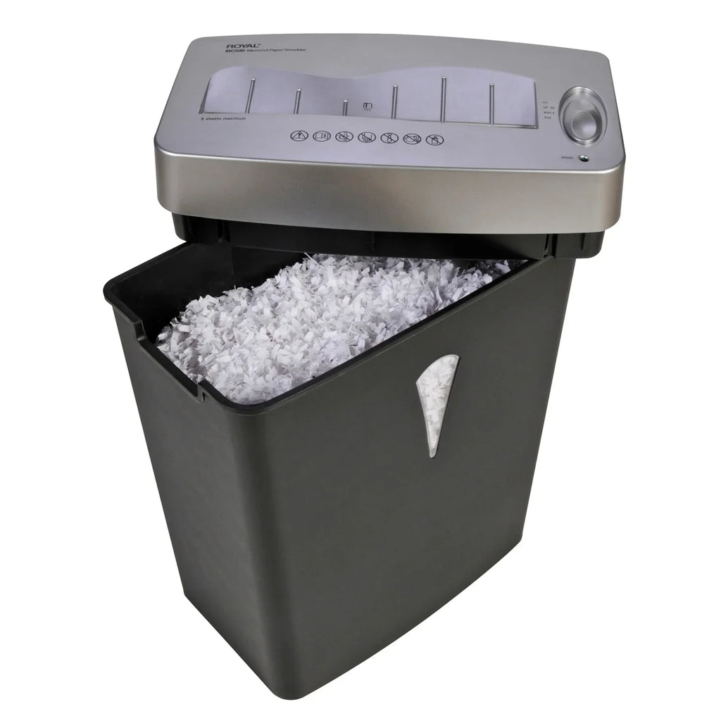 5 shredding Wastebin Cut 0.394" gal Card 0.157" - Silver dimension Micro Royal Shred - - Paper, x - Shredder Pass Black, Capacity Credit Paper for 4 - Per - MC500