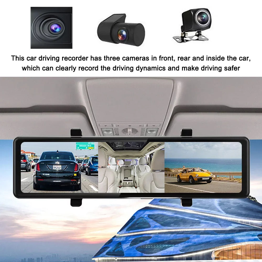 12in Touched Recorder Recording Driving Car Clear Video 2.5K Mirror Rearview Recorder 3 Cam Auto Dash Cameras Car OWSOO Screen Car Carplay