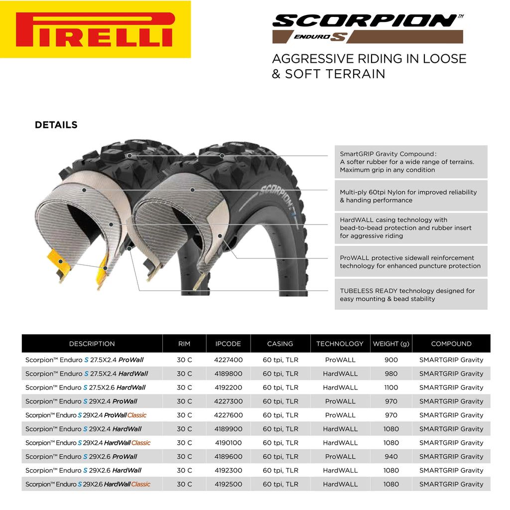 Enduro Tire Tubeless + Mountain 23/32-622 Ready Extreme HardWall x S Pirelli Clincher Enduro SmarTUBE TLR, Enduro Casing MTB Reliability and Unmatched Bicycle 2.6 Grip Scorpion Classic 29" Riding, for