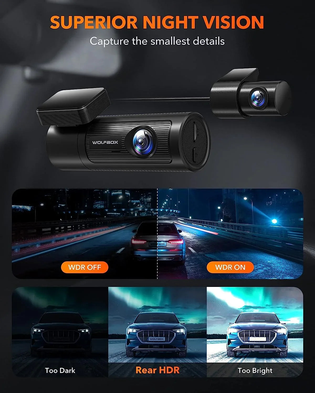 DashCam 1080P Recording WiFi, with Front 32G Front Loop WDR, Rear with Car Rear, and Dashcam Night Free Dash Cam GPS & 4K Vision, and WOLFBOX UHD Card,