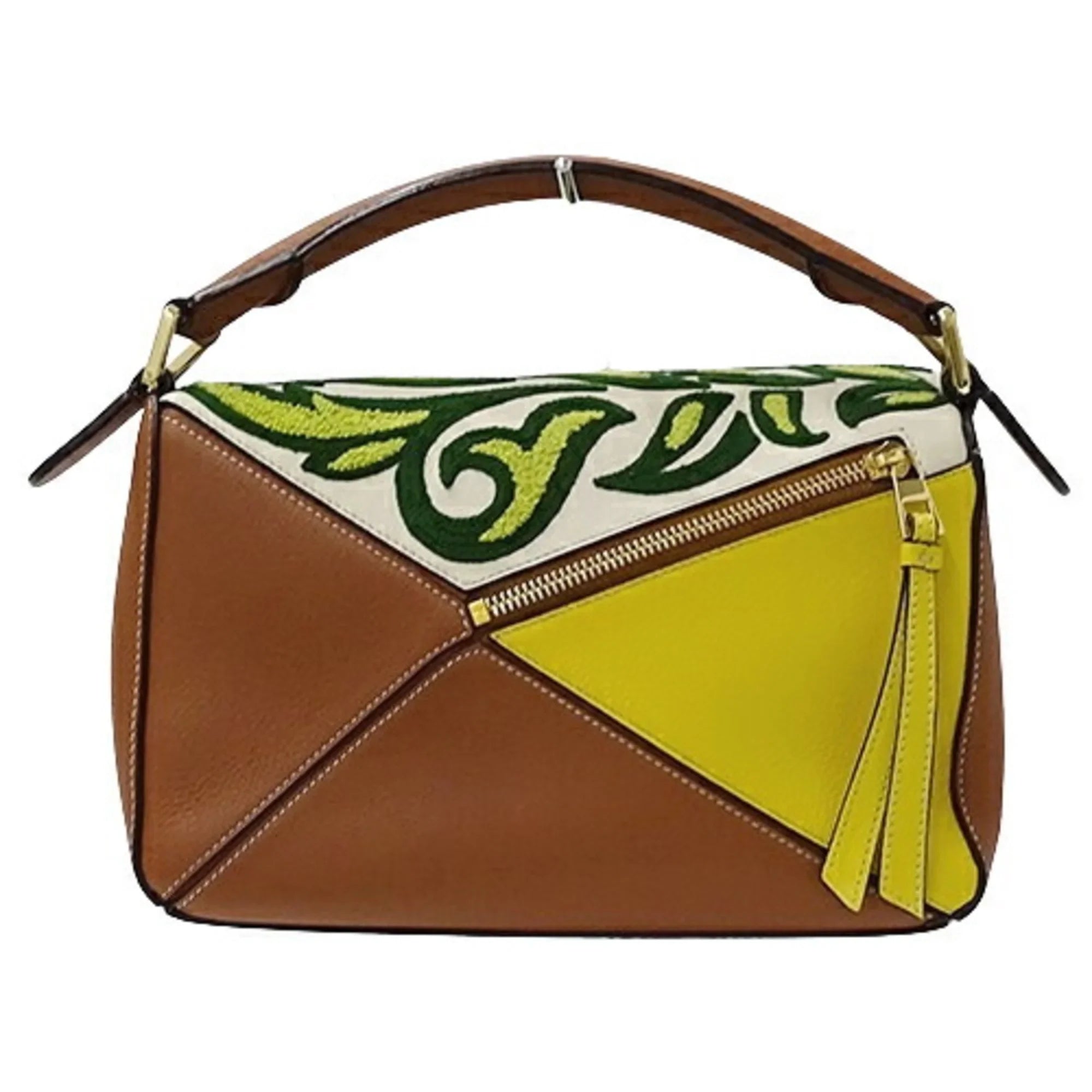 2way de Compact Women's LOEWE Shoulder (Good) Small Embroidery Mini Yellow Handbag William Collaboration Puzzle Brand Leather Brown Morgan Floral Bag Pre-Owned