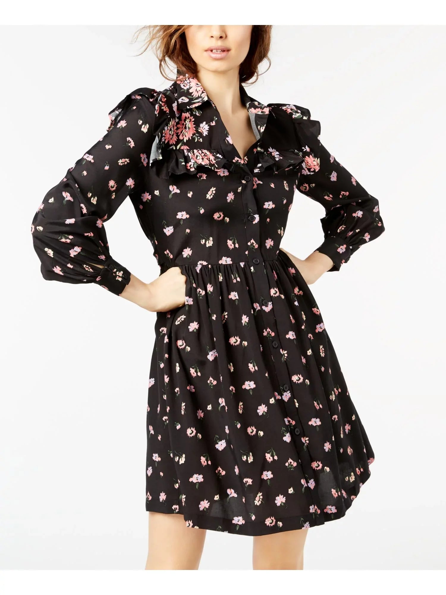 STUART Black Long outfit Womens L Shirt Sleeve JILL Ruffled Printed