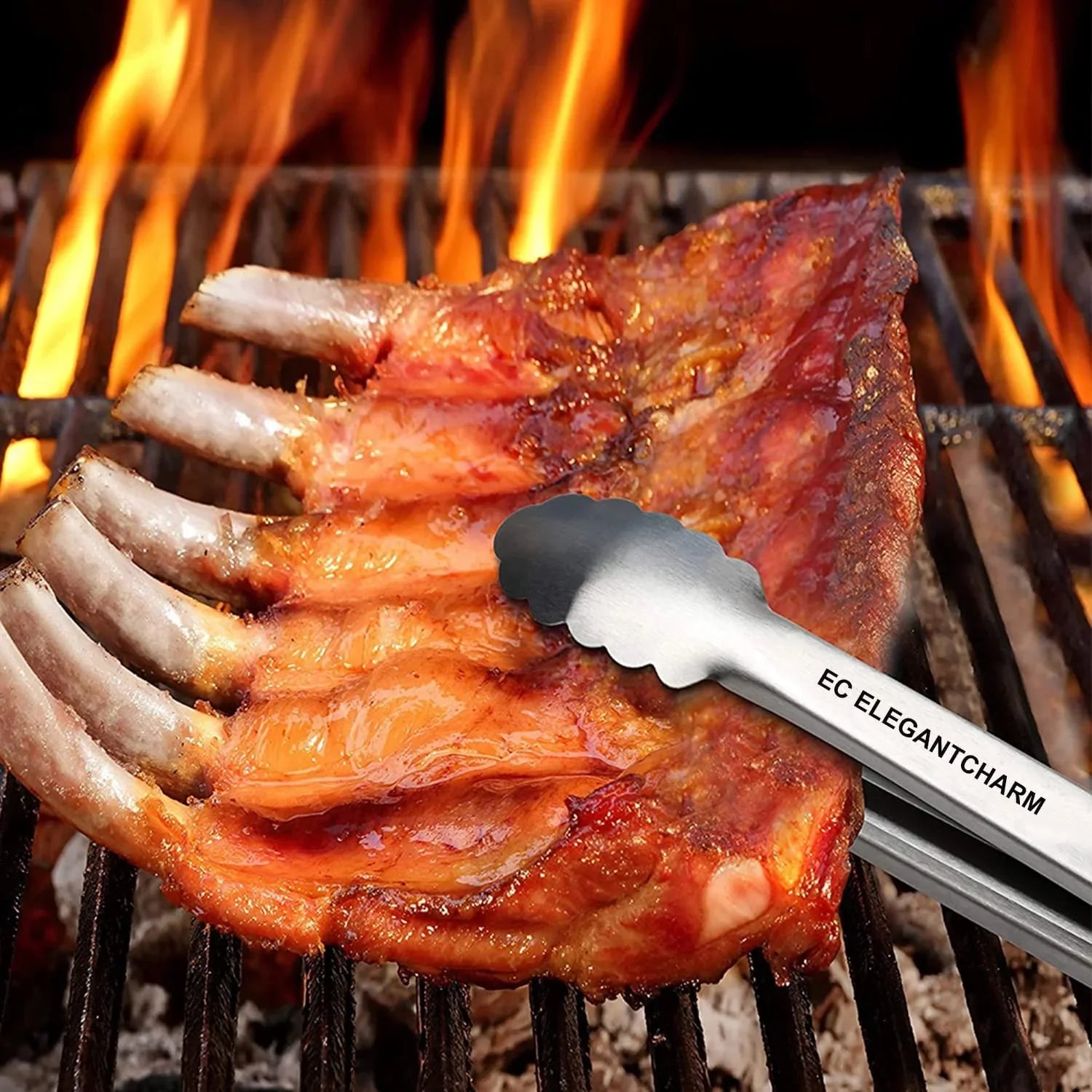 Cooking Tongs Grilling, Tongs Silicone Duty Stainless Long for Heavy Grill Handle with BBQ 17" Grip Kitchen Locking Soft Steel
