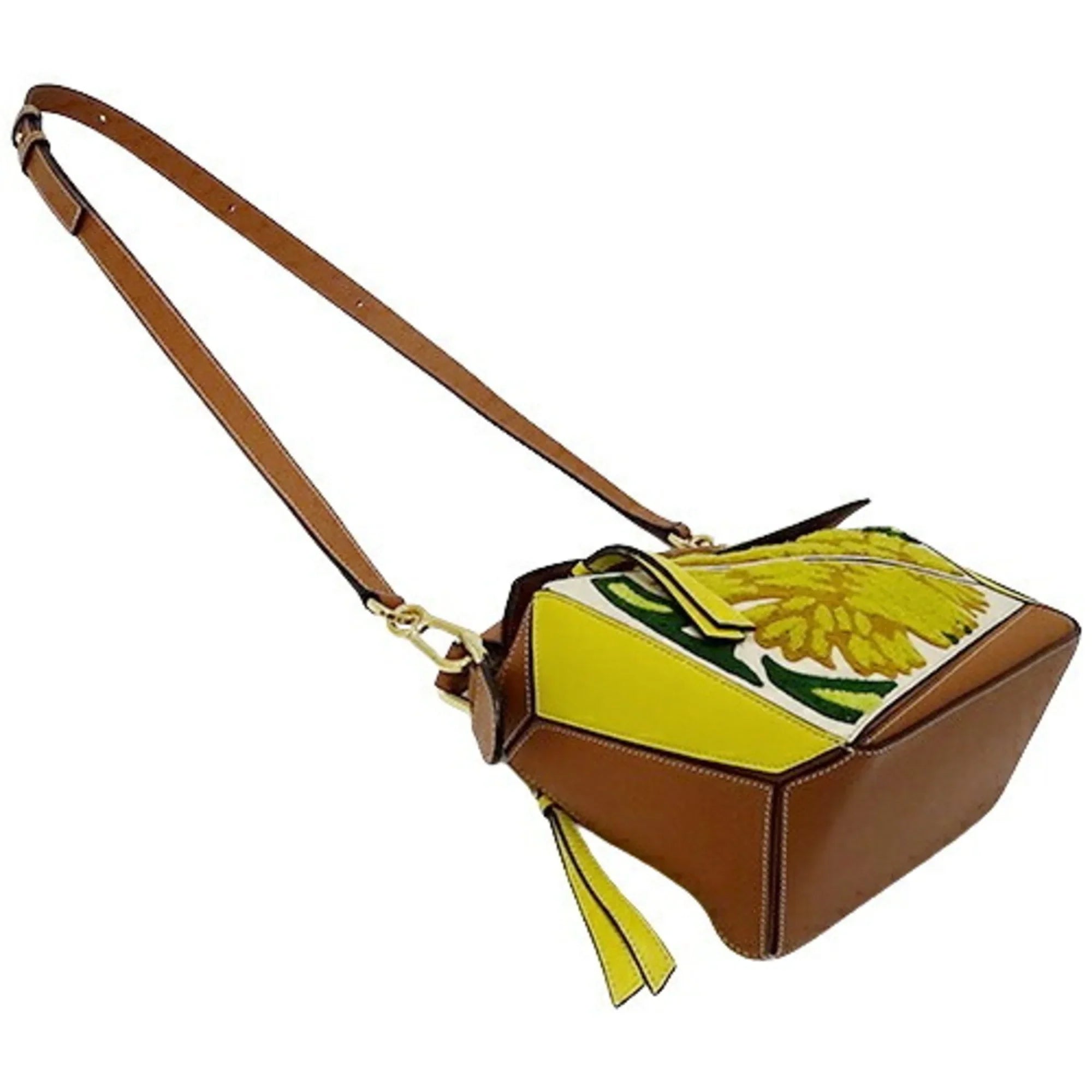 2way de Compact Women's LOEWE Shoulder (Good) Small Embroidery Mini Yellow Handbag William Collaboration Puzzle Brand Leather Brown Morgan Floral Bag Pre-Owned