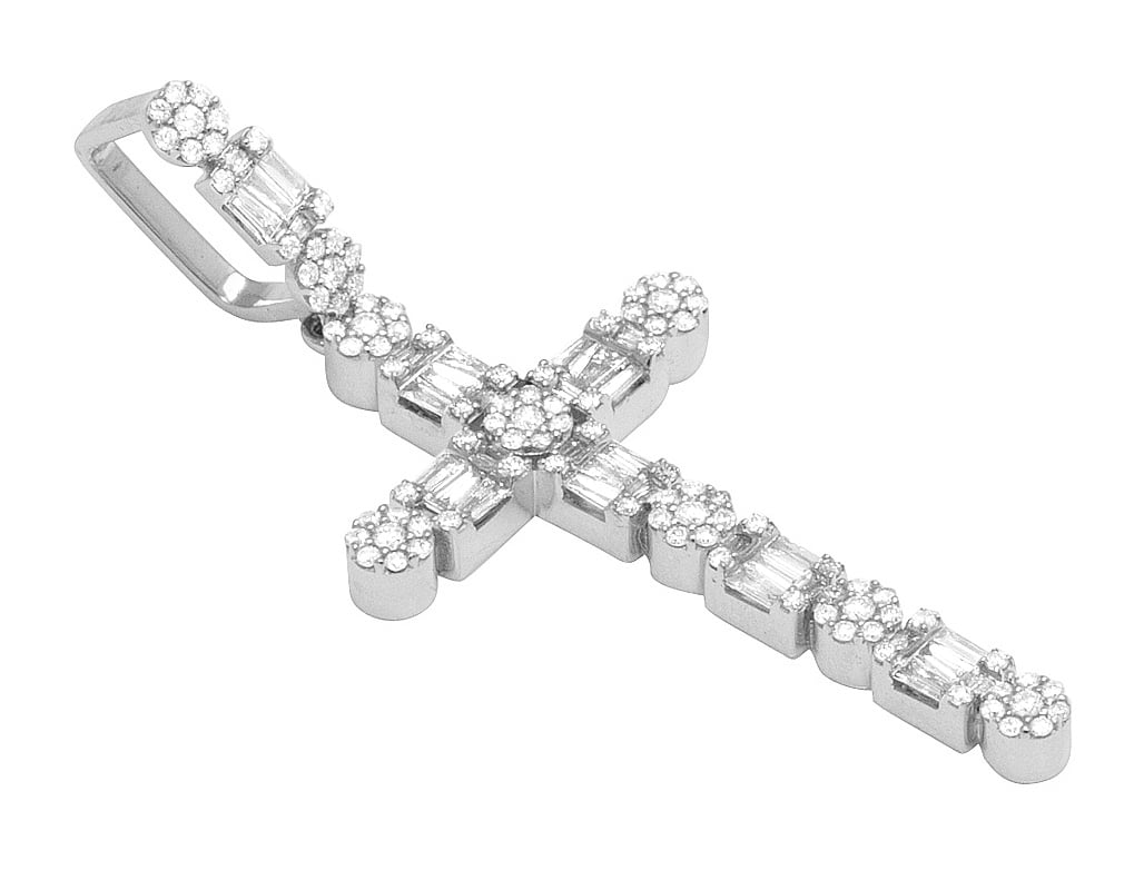 Diamond 1.2CT 2" Cross Real 10K Unisex Flower Baguette White Cluster Gold
