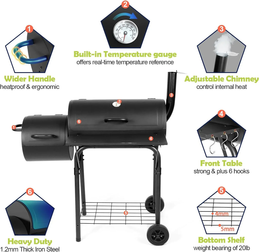 Camping & Party Grill Backyard Cooking Grill Patio Picnic, Hooks Barrel Screwdrivers Barbecue 420.SQ.IN 2 Grill, Large for exterior Smoker, Offset 6 - Area, Black with Garden BBQ Charcoal