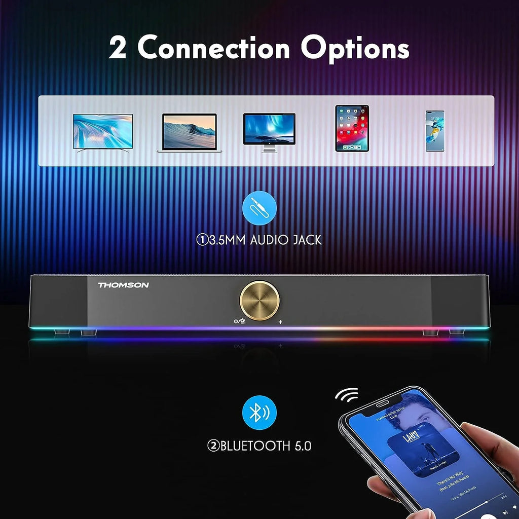 Bluetooth Speakers PC Sound, Stereo SoundBar, 3.5mm Thomson Aux-in with Computer Speakers, Dyna RGB 10W Computer