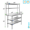 24" Prep With Metal Shelving Tier Double | x Combo 48" Stainless | Two Shelves 12" Overshelf Kitchen & Table Table Steel Wide Work