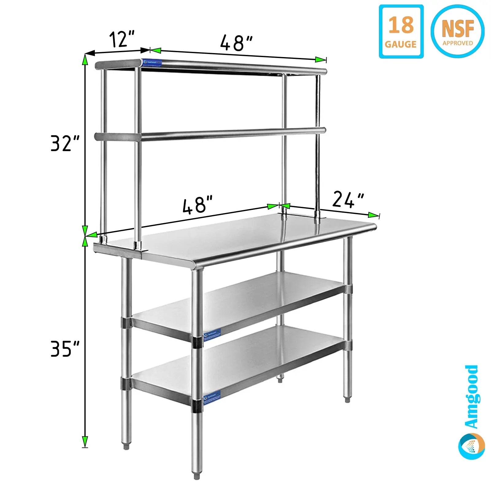 24" Prep With Metal Shelving Tier Double | x Combo 48" Stainless | Two Shelves 12" Overshelf Kitchen & Table Table Steel Wide Work