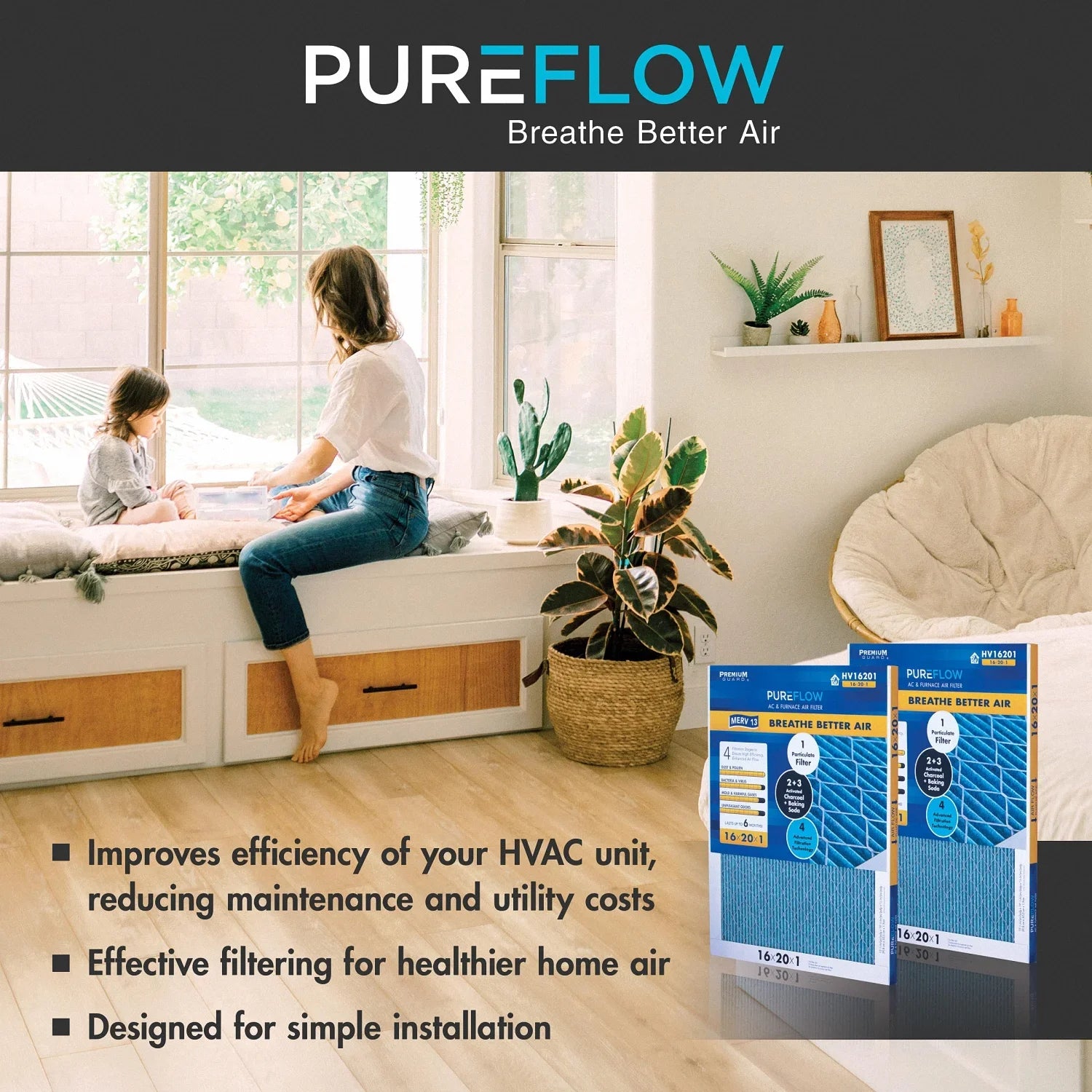 Filtration Technology, of 16x20x1, 4 Filter Air Home Furnace MERV-13 Advanced with Pack-of-2 PureFlow, Layers