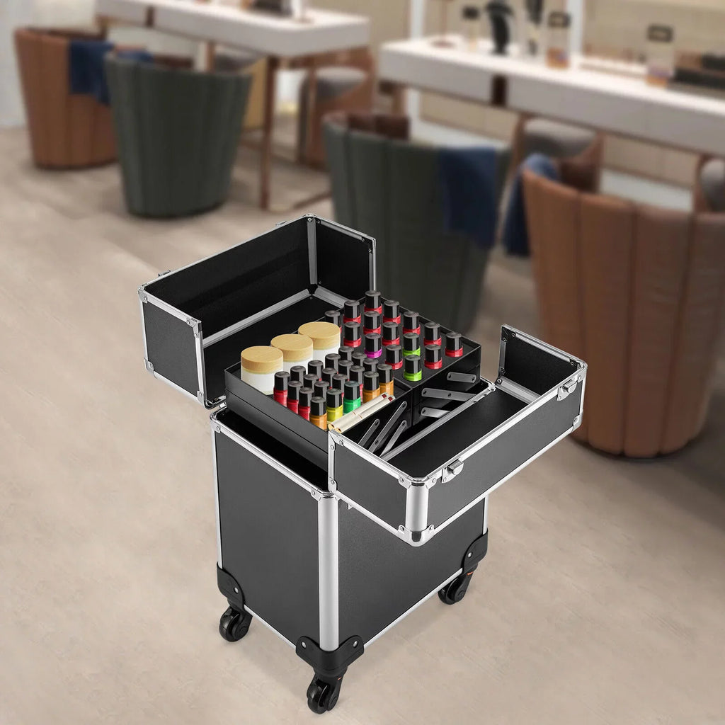 with Rolling Luggage Nail Travel Box Trunk (Black) Train Hairdresser Salon Wheels Lockable Beauty Organizer Case Tool Trolley, Cart Case Stylist Makeup Swivel Cosmetic Barber