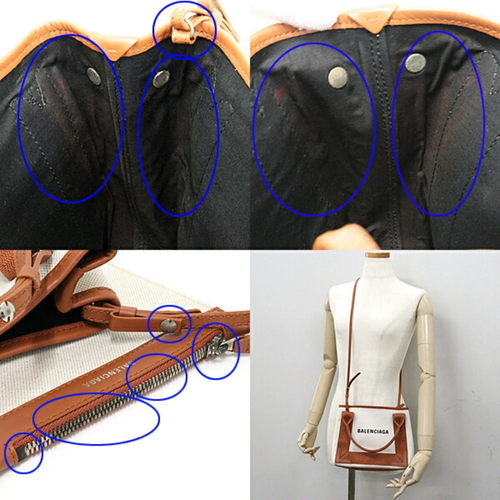 (Good) Beige Balenciaga Tote Calfskin A Navy NAVY Bag 390346 Pre-Owned Light Cabas Brown XS 2way Cotton & Canvas