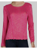 YORK Top Round Long Pink Heather Detail Seam Sleeve Womens Stretch B NEW M Neck Scalloped