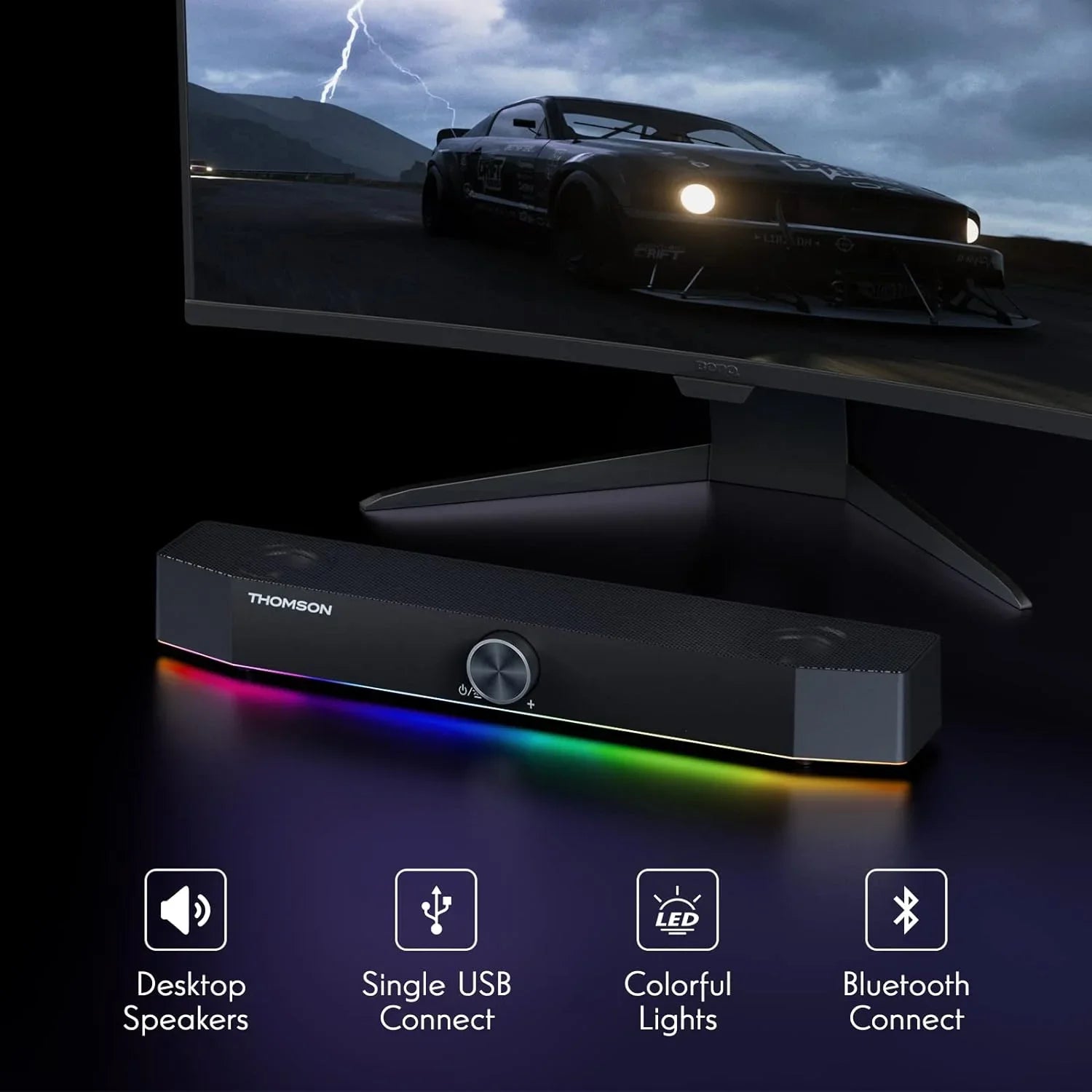 Bluetooth Speakers PC Sound, Stereo SoundBar, 3.5mm Thomson Aux-in with Computer Speakers, Dyna RGB 10W Computer