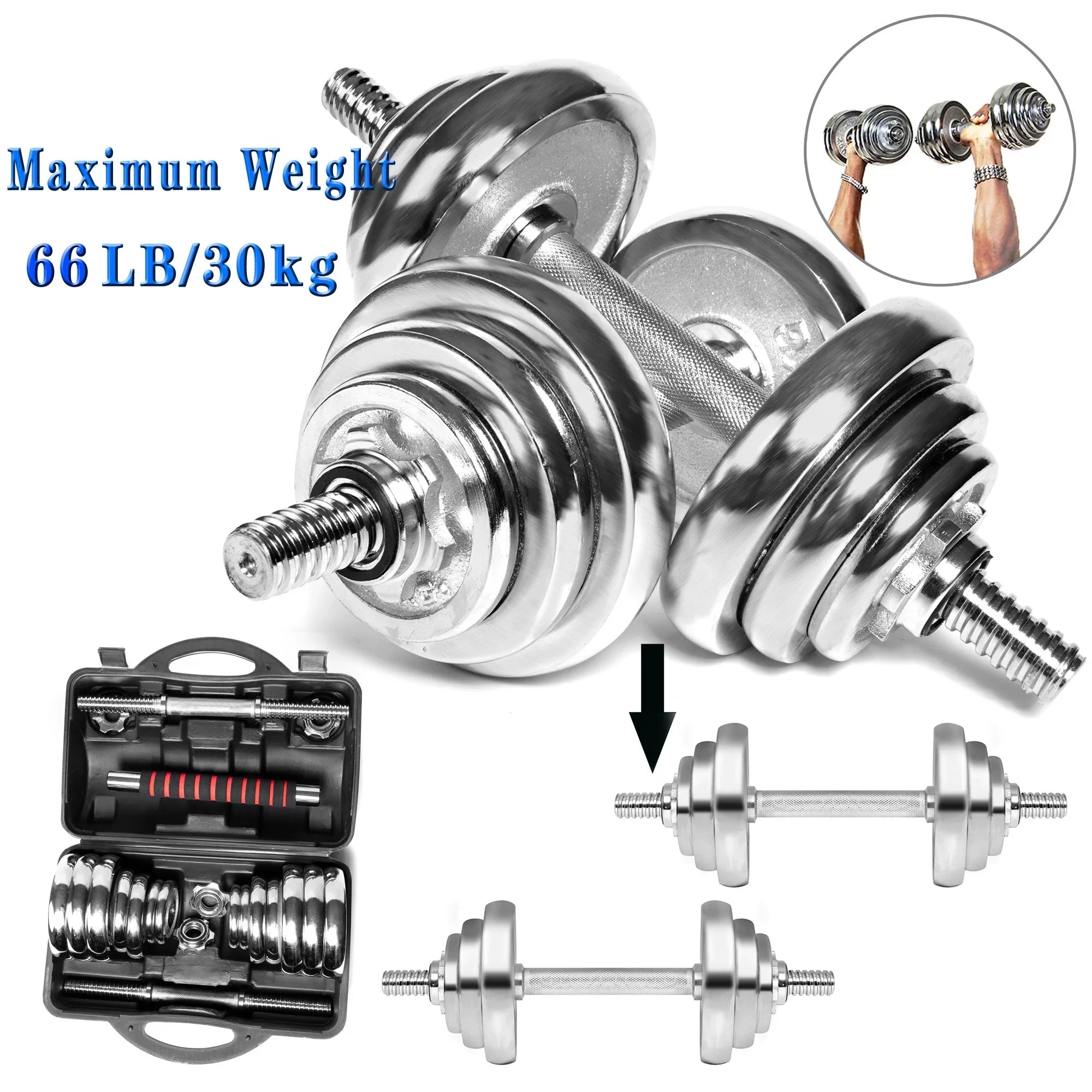 Dumbbell Household Set SAYFUT Fitness Exercise, Gym for Weight Barbells Silver Adjustable Detachable Dumbbells 66LB