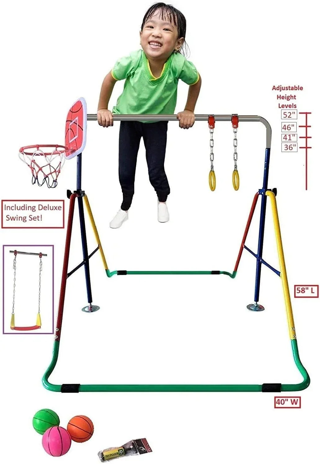 Gymnastics Bar with Gym 4-in-1 Set Rings, Training Swing, - Hoop Folding Junior for Basketball Bar Home Height-Adjustable