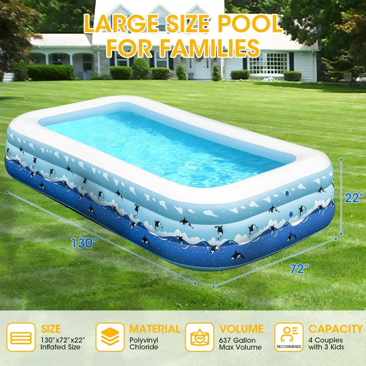 Garden Inflatable Extra Adults, Full-Sized Blow Pool Pool Family Lawn Swimming Backyard Ground Indoor Inflatable Home Above Thickened exterior 130"x72"x22" Large with for Pump, for Swimming Up Pools