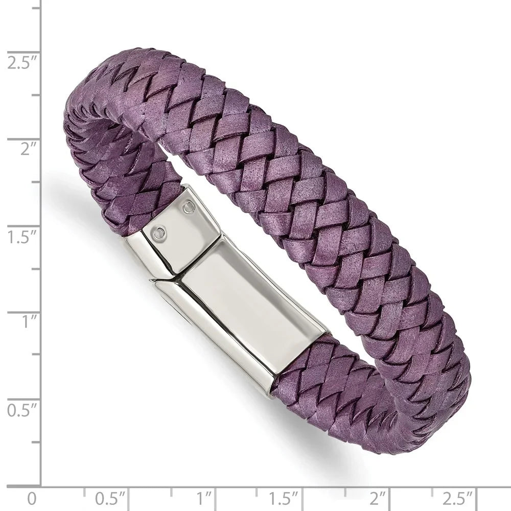 Stainless mm 16 in Bracelet Women's Chisel Polished Rubber Metallic & Purple Steel Leather Braided 7.5 Cord,
