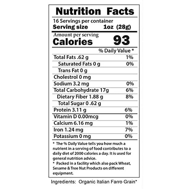 Organic - Pearled Rich, (7LB) Italian Raw, Fiber Vegan, Protein, Farro Kosher Non-GMO, Bulk,