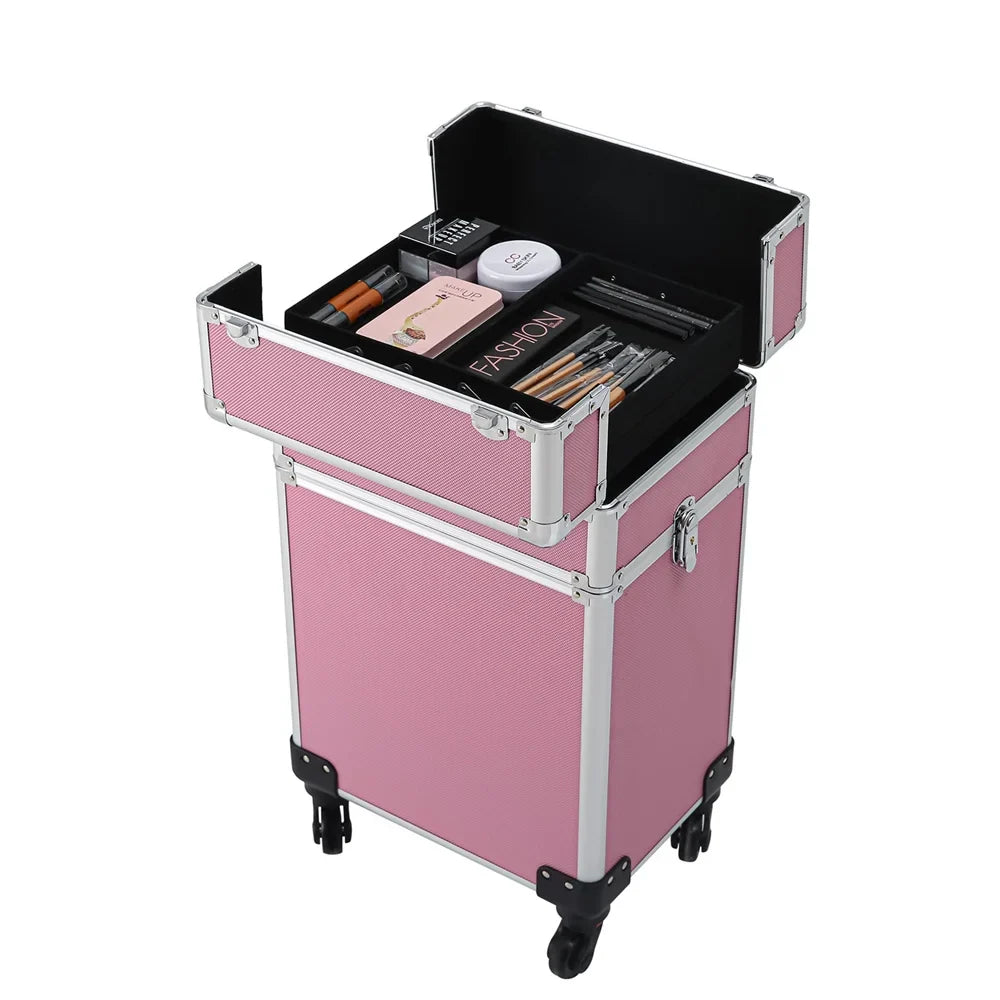 Rolling Case Makeup Case with Trolley Drawers Train Zeng Makeup Case,Pink