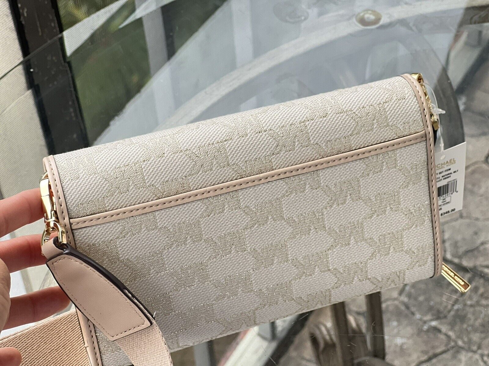 Zip Glitter Kors Set MK Wallet Around LG Crossbody Natural Gold Jet Michael Bag