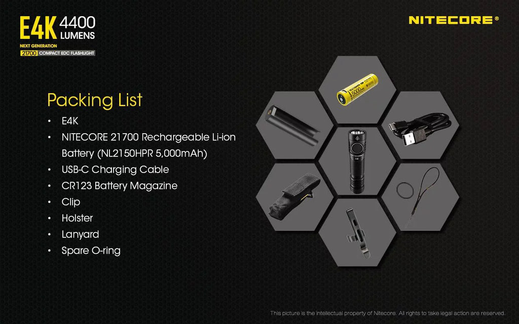 Battery NITECORE Flashlight Li-ion 21700 E4K NITECORE -1x Mount Rechargeable Included w/Offset Combo: