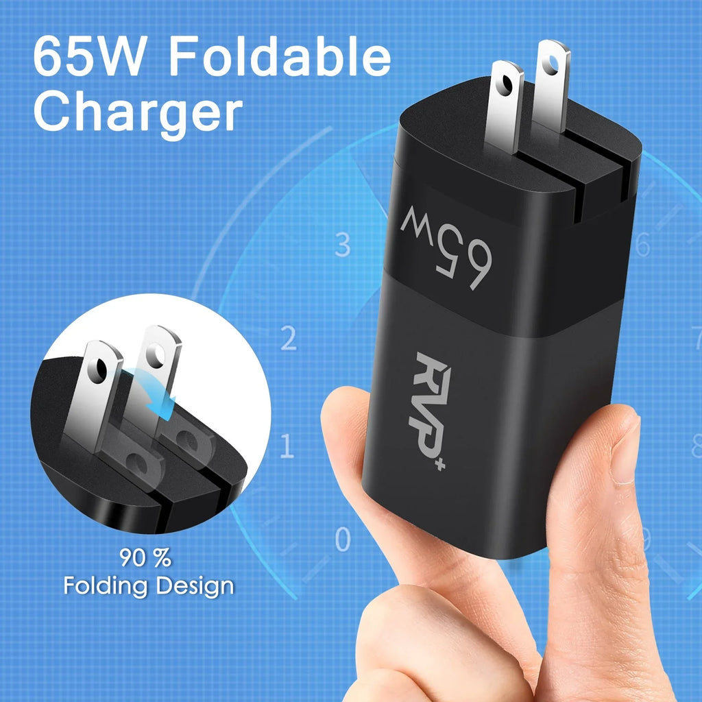 Fast Foldable Laptops iPhone, Power A USB C 65W - 3-Port Wall Smartphones, RVP+ Charger, (GaN) and Charger, Charger Black Adapter, for USB Tech Tablets,