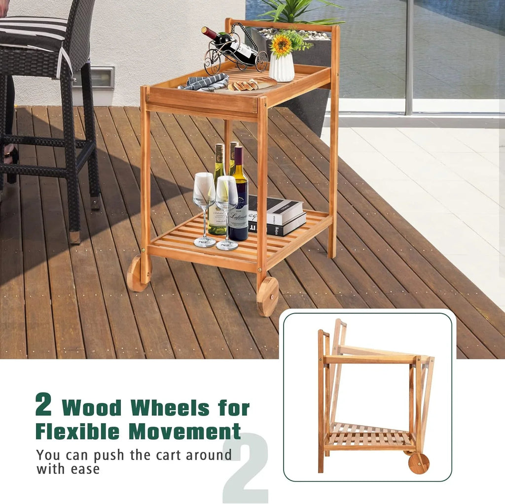 & Cart, Cart Wheels, Side for Buffet Wood Kitchen Table Legs 2-Tier Island Patio Garden Home Poolside on Handle, Kitchen Cart with Serving Rolling exterior Utility Bar Acacia