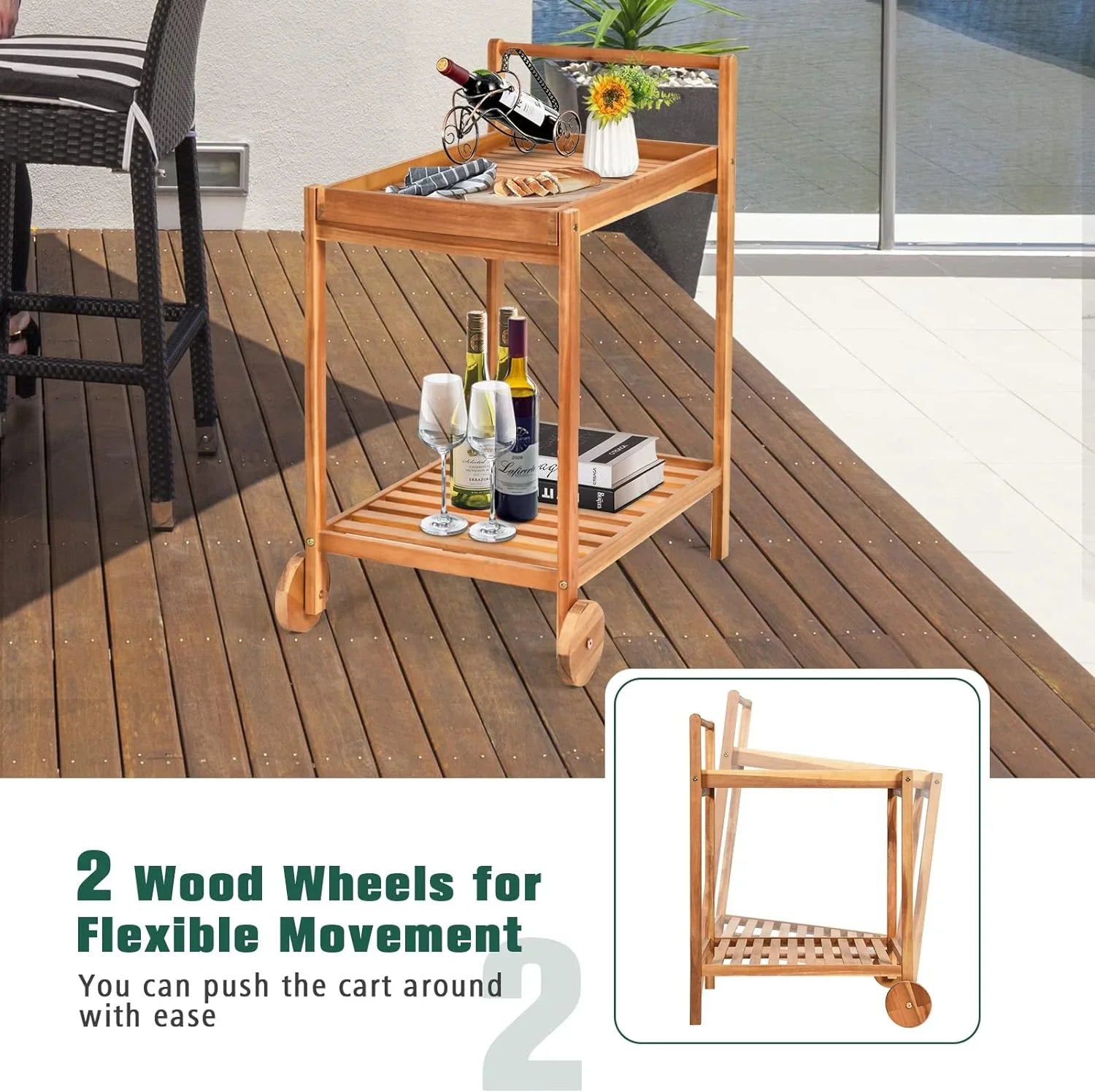 & Cart, Cart Wheels, Side for Buffet Wood Kitchen Table Legs 2-Tier Island Patio Garden Home Poolside on Handle, Kitchen Cart with Serving Rolling exterior Utility Bar Acacia