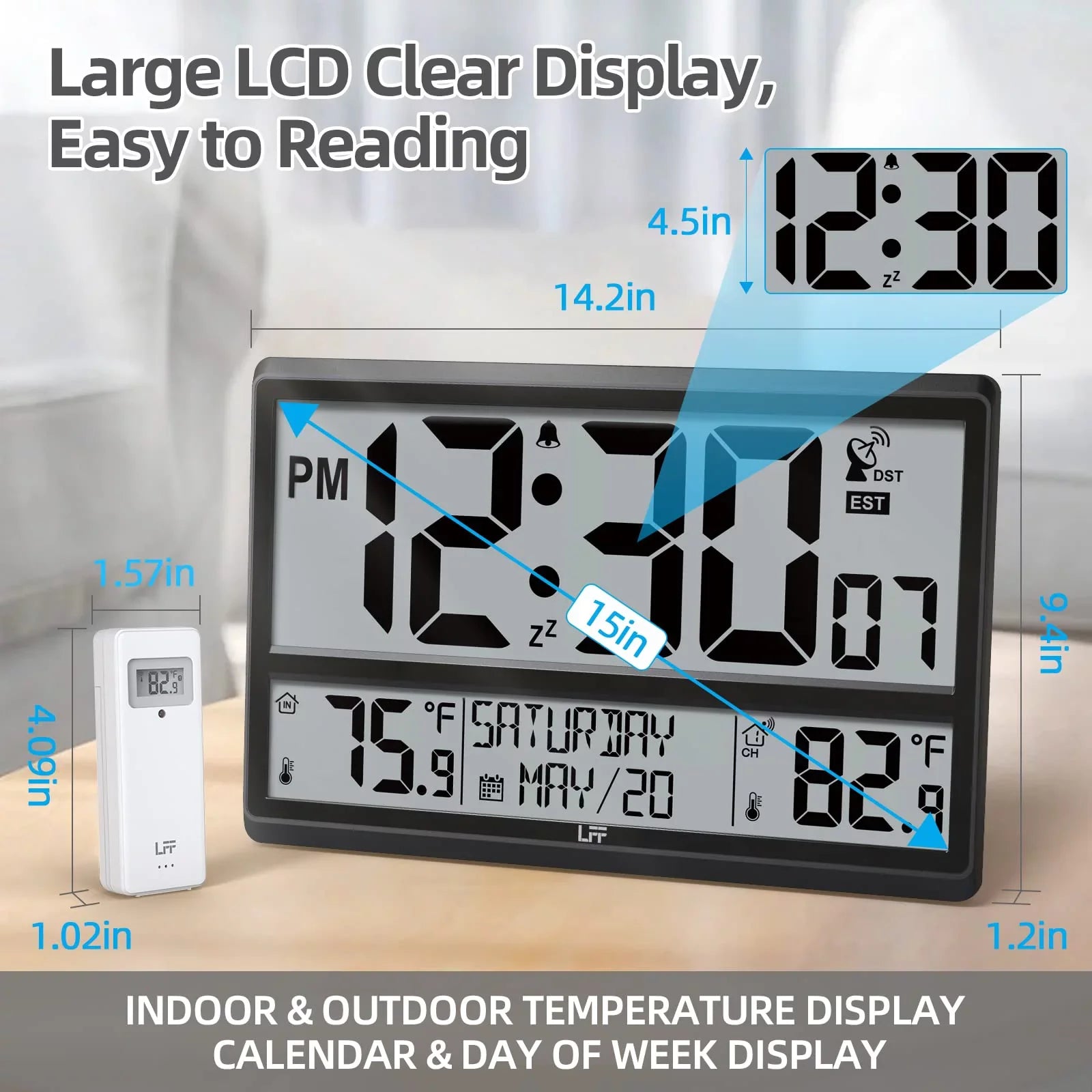 Wireless Indoor with Clock Wall / Wall Easy-to-Read, Battery Atomic 15" exterior exterior Clock Temperature, LFF Needs Numbers Never / with Sensor Operated, Atomic Setting, 4.5" Digital Clock Large