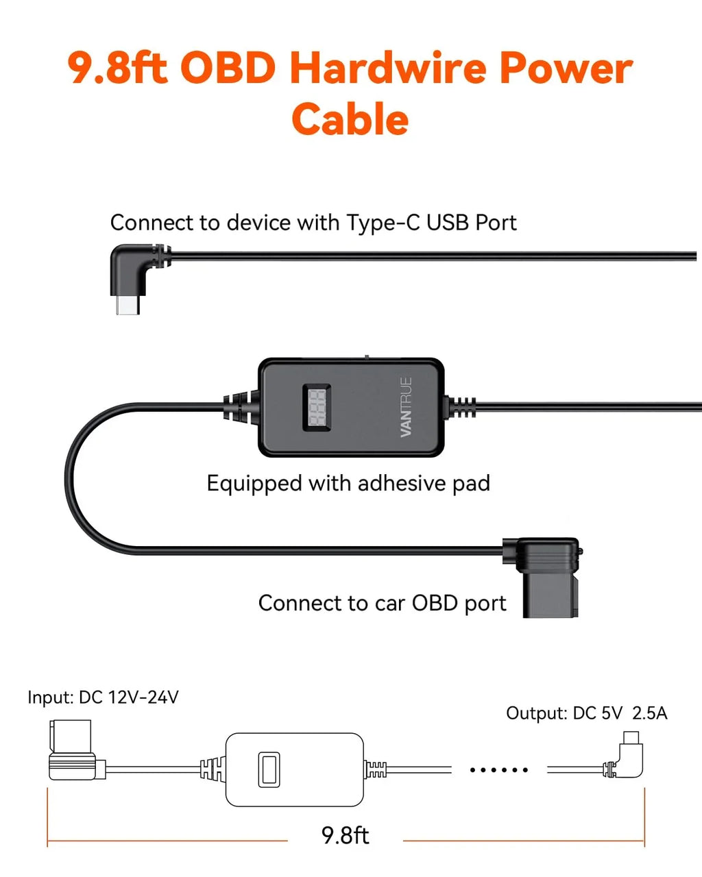 for with Hardwiring Dashcams Vantrue listing) USB-C Cable LCD (See OBD Screen