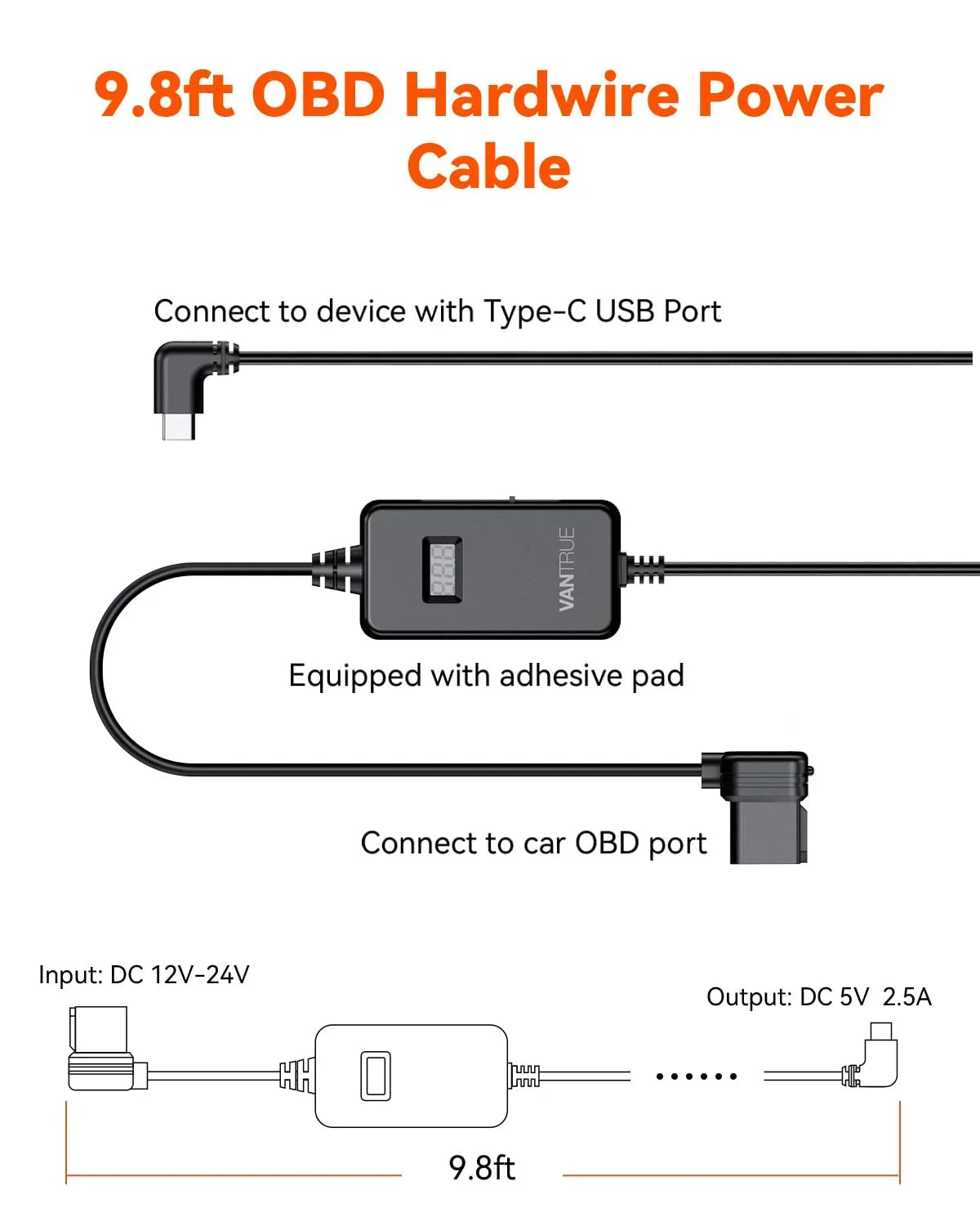 for with Hardwiring Dashcams Vantrue listing) USB-C Cable LCD (See OBD Screen