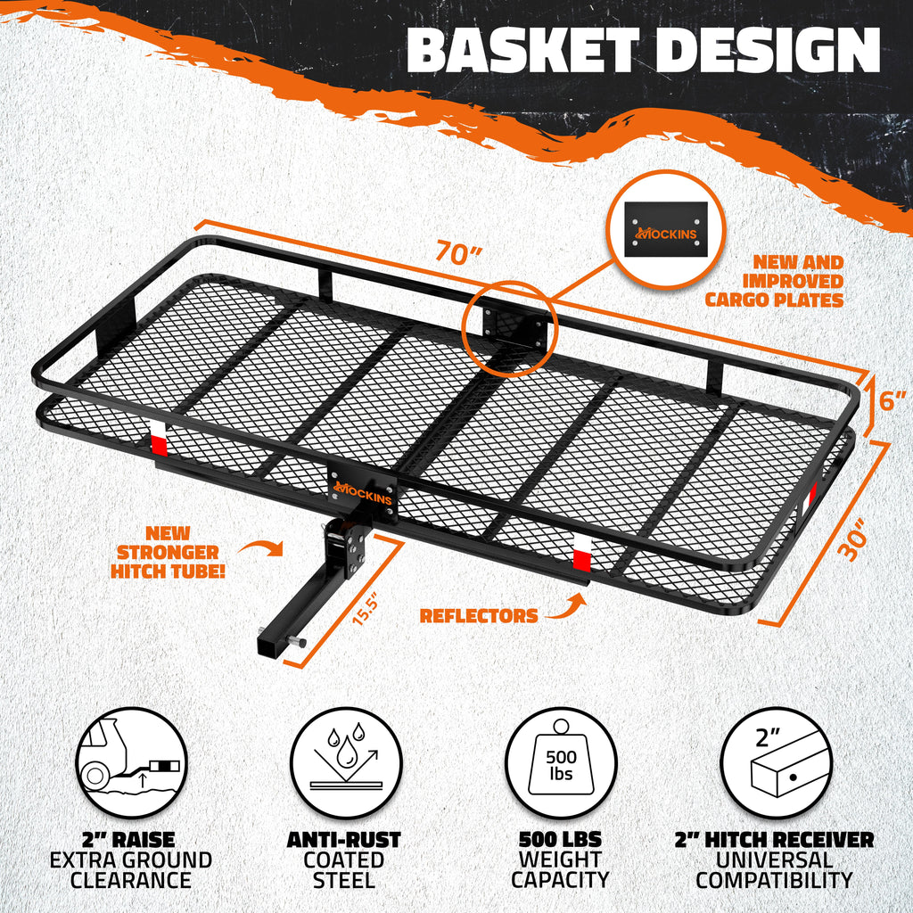 & 40 Mockins Arm Cap. Basket Foldable Carrier Cargo Trailer CF XXL 500lbs 70"x30"x6" Bag Hitch | Mount Hitch with Hitch