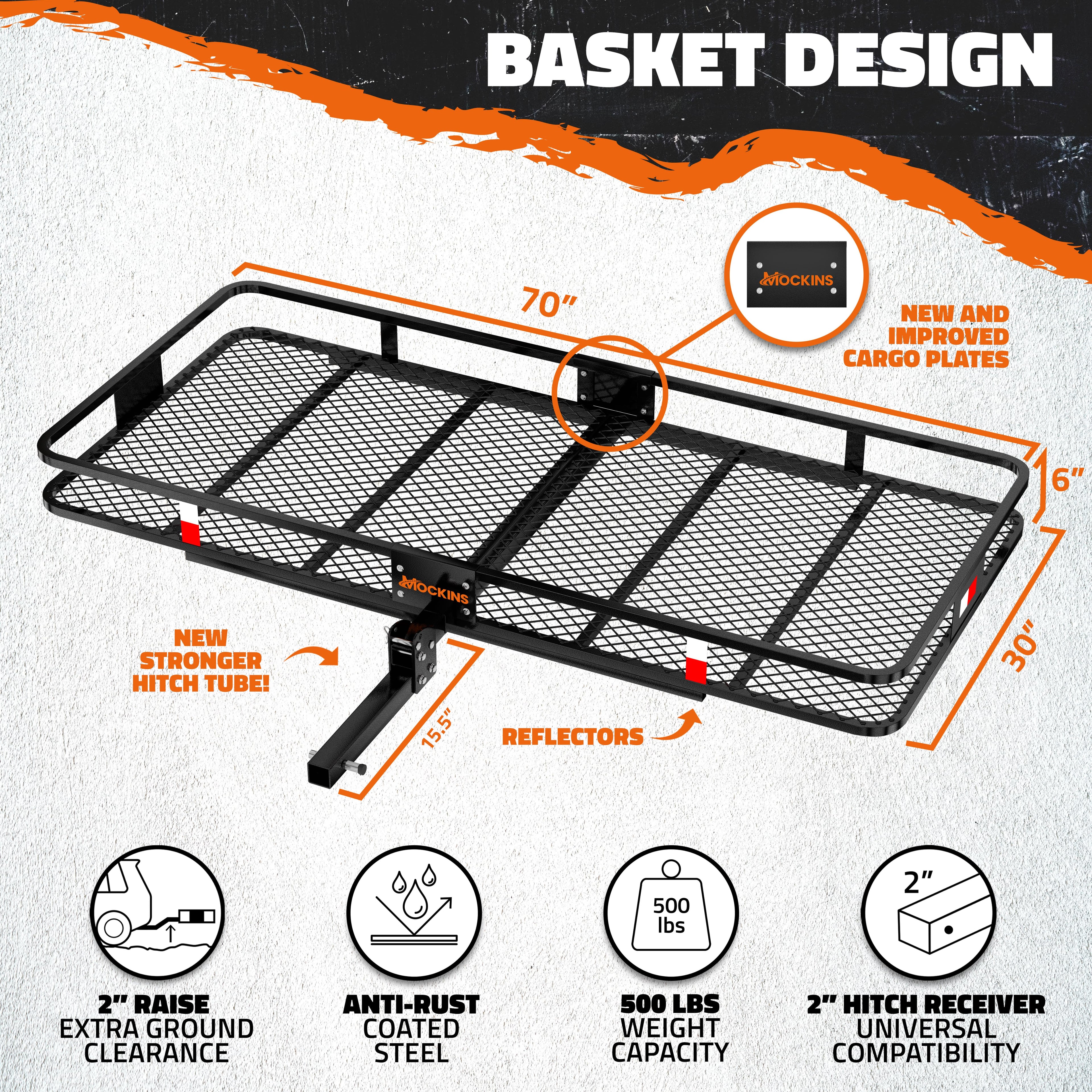 & 40 Mockins Arm Cap. Basket Foldable Carrier Cargo Trailer CF XXL 500lbs 70"x30"x6" Bag Hitch | Mount Hitch with Hitch