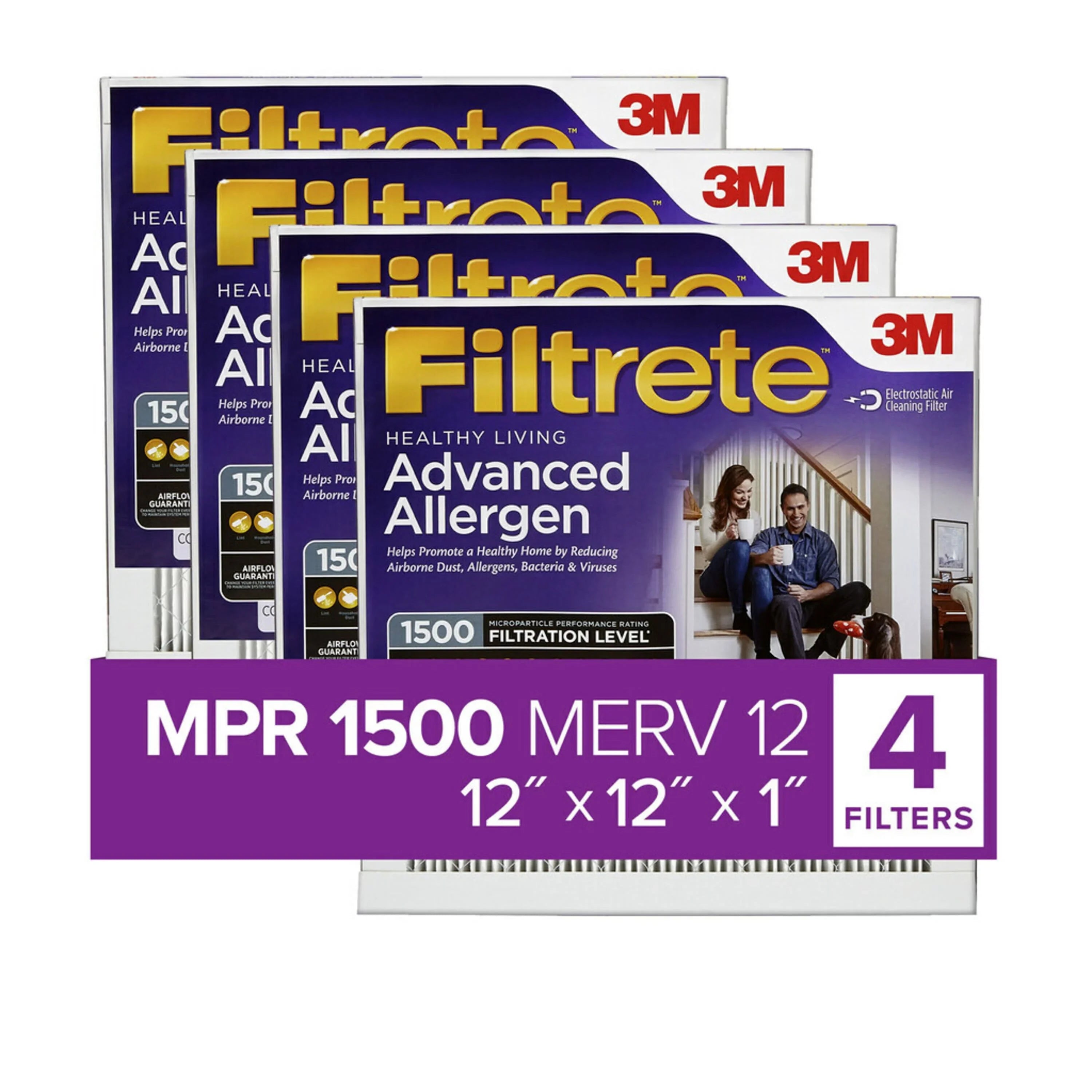 Filter, 1500 Reduction, MERV Filtrete MPR Air Filters 12, 4 Advanced 12x12x1 Allergen