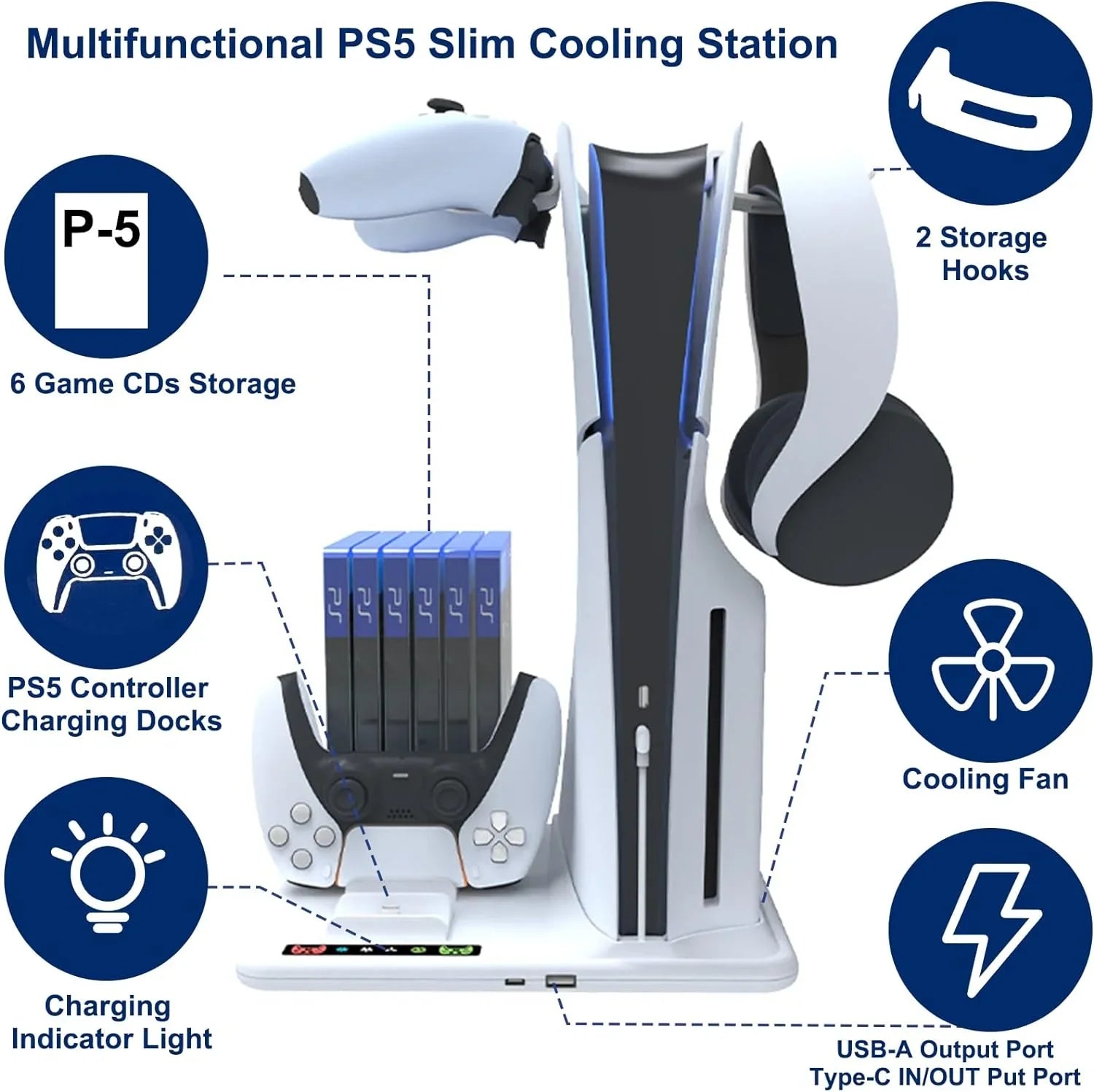 Cooling Stand With Slim Controllers Stand Station, Hanger Dock Dual for PS5 3-Level Slot+2 with Powerful Cooling 6 Headphone Fan Disc Charging