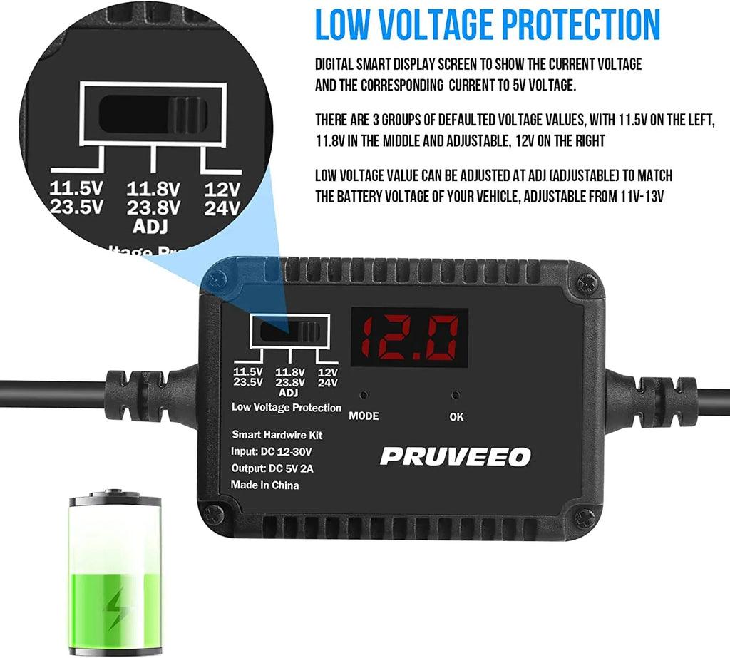 PRUVEEO Protection and Intelligent 98% USB Fit Cam for Low-Voltage Hardwire Cam, Mini Dash Dash Kit, Adjustable 13ft