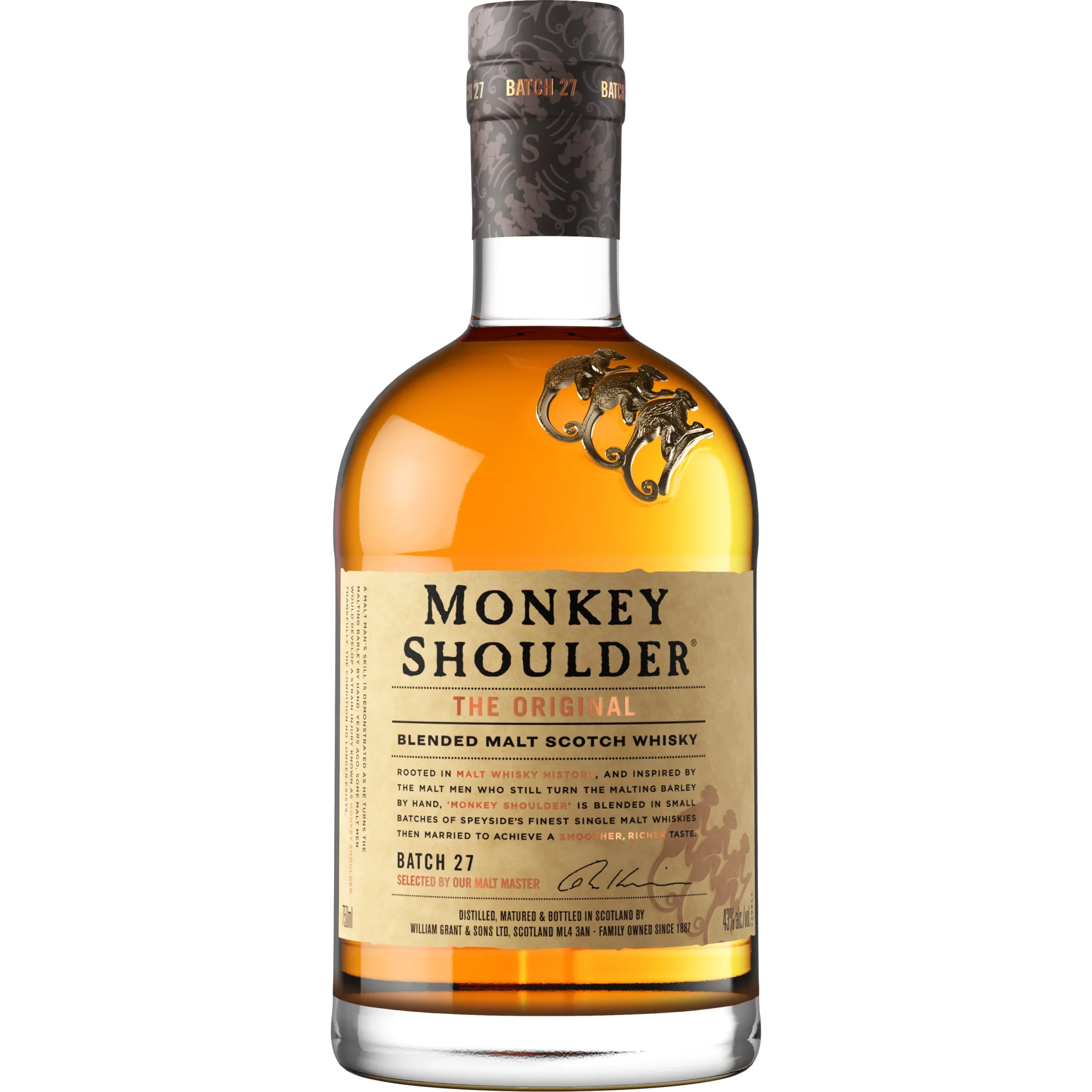 Glass Scotch Shoulder 43% ABV 86 Whisky, Proof Monkey Bottle, 750ml