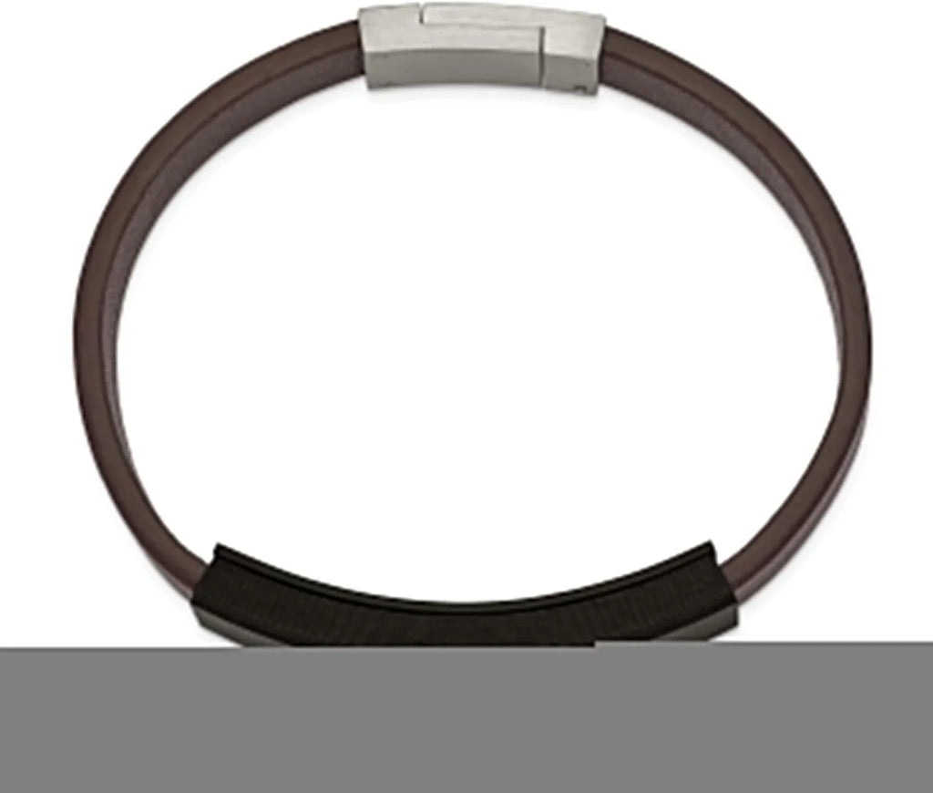 Cross Leather Solid Polished Faux Chisel - Steel 8" Brown Carbon Bracelet Stainless Fiber