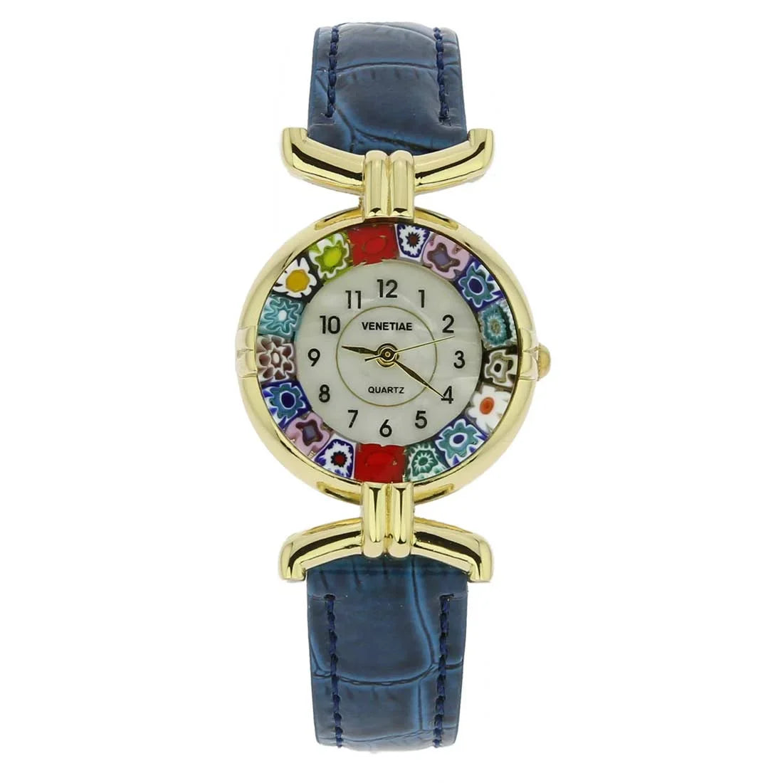 Multicolor Blue Leather - Glass Watch Millefiori Band Murano GlassOfVenice with