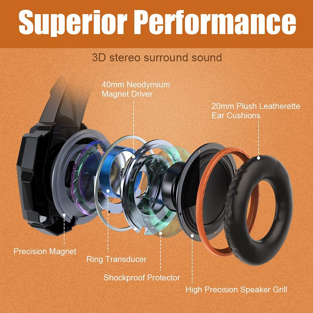 Earmuffs Memory PS4, Headset Bass One Mic, Ear Light, G9000 Over BENGOO for Stereo Soft with Cancelling LED Noise (Orange) Xbox Gaming Headphones PC, Surround, Controller,