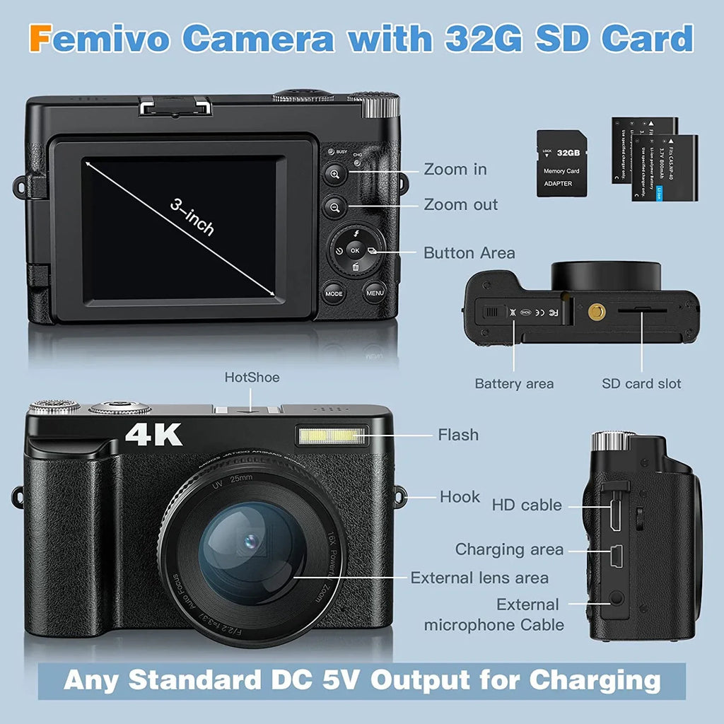 with 4K Digital Photography for YouTube 32GB Autofocus Camera 16X for Digital Camera 48MP Vlogging Cameras Zoom Video Card
