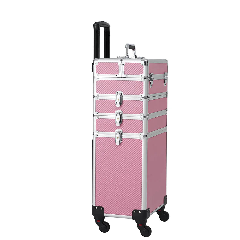 Rolling Case Makeup Case with Trolley Drawers Train Zeng Makeup Case,Pink