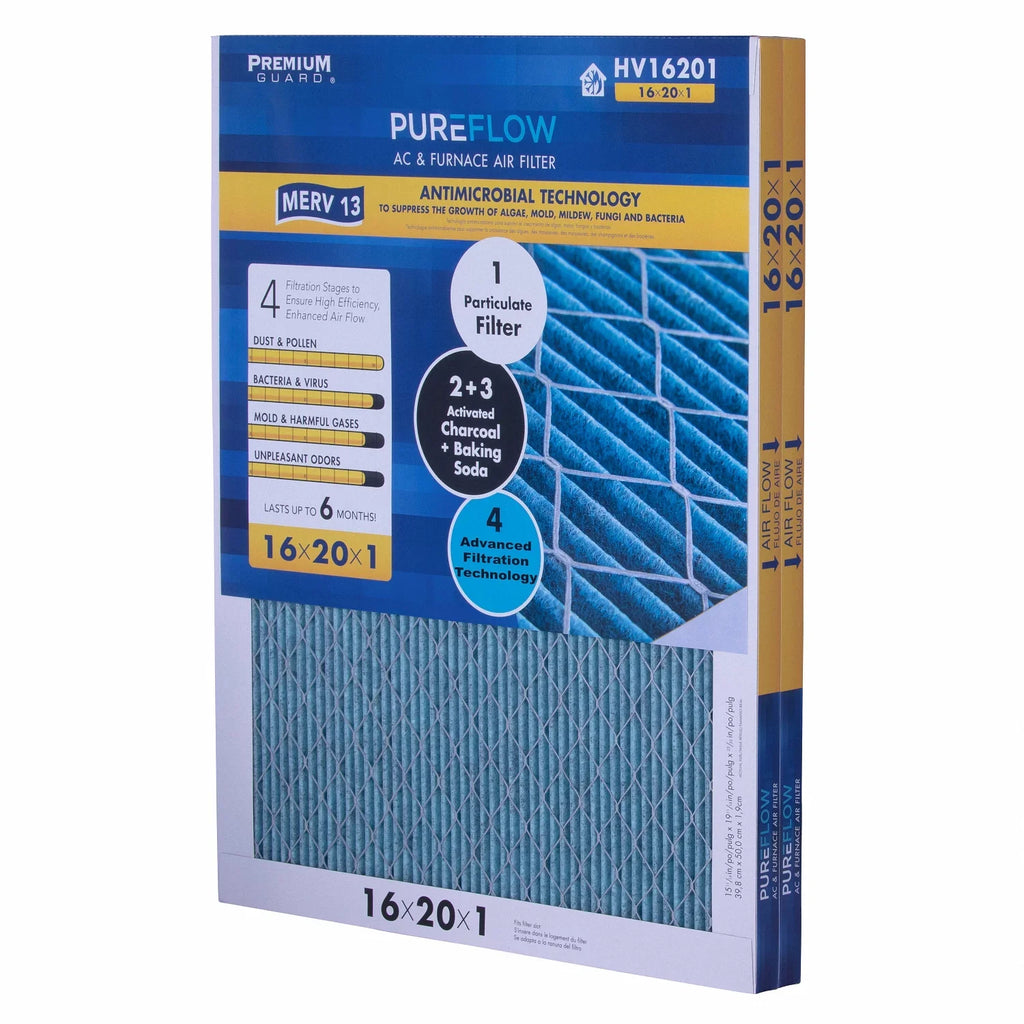 Filtration Technology, of 16x20x1, 4 Filter Air Home Furnace MERV-13 Advanced with Pack-of-2 PureFlow, Layers
