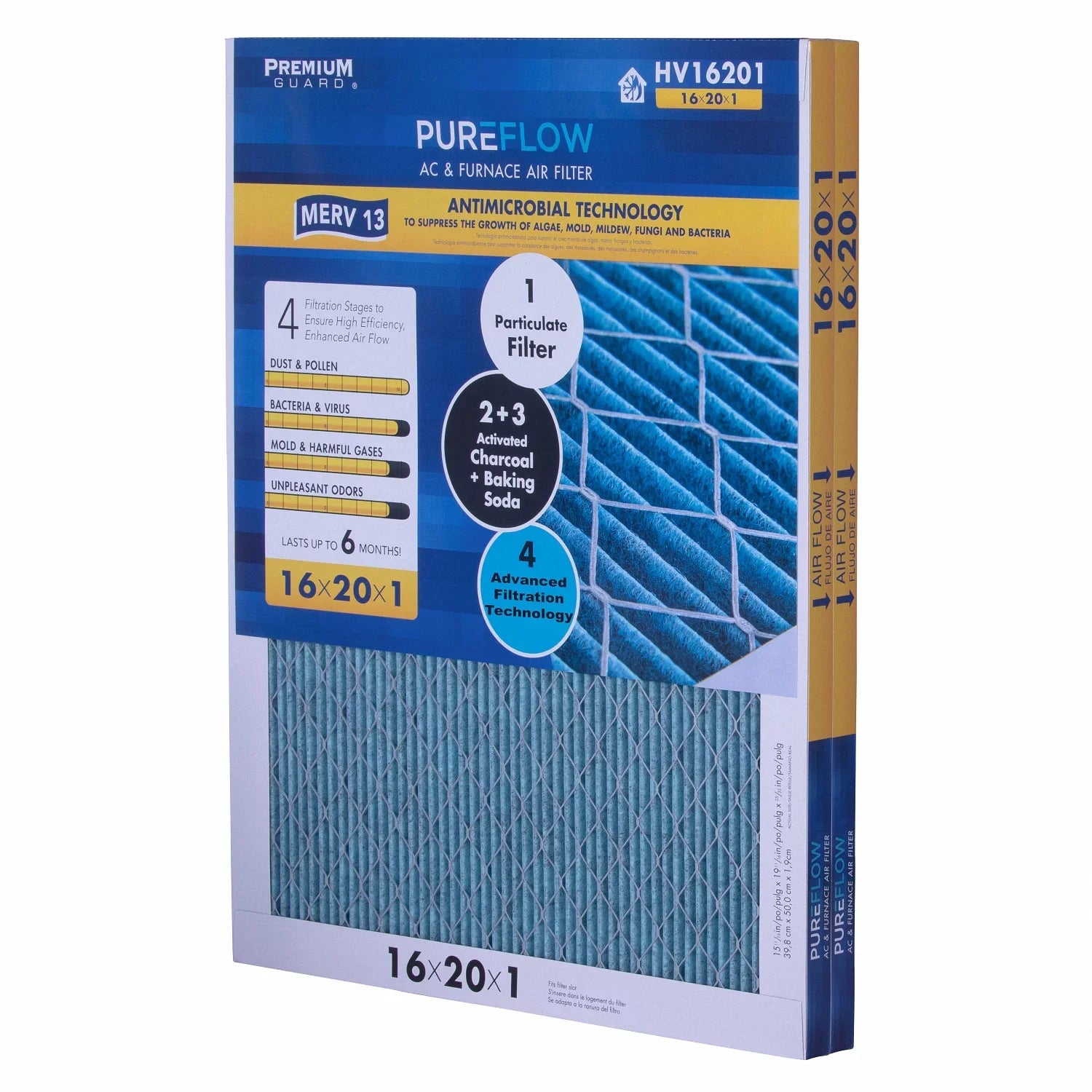 Filtration Technology, of 16x20x1, 4 Filter Air Home Furnace MERV-13 Advanced with Pack-of-2 PureFlow, Layers
