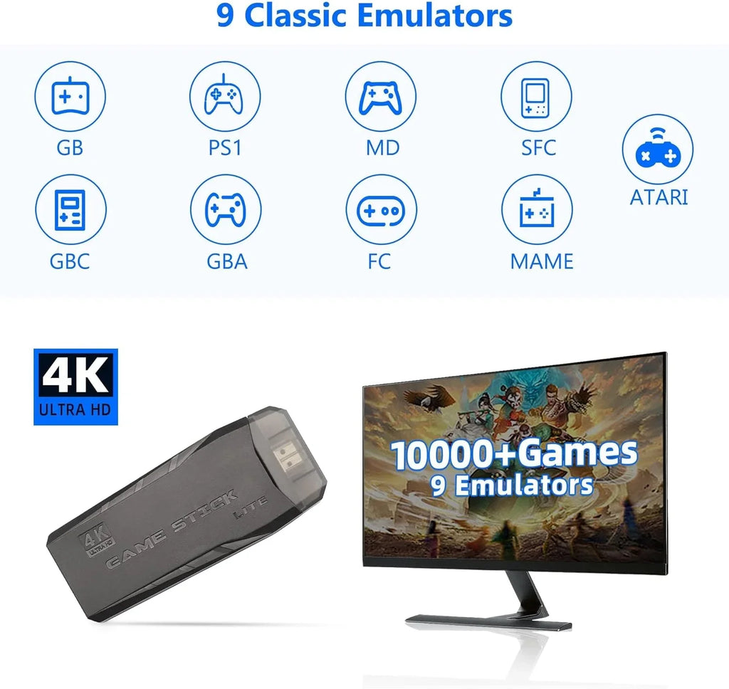Video Built 4K Retro Play Stick,Wireless Console and HD Game Stick in Retro Plug Wireless Output (64G) 9 Game Game Games, Controllers with 2.4GHz 10000+ Emulators,