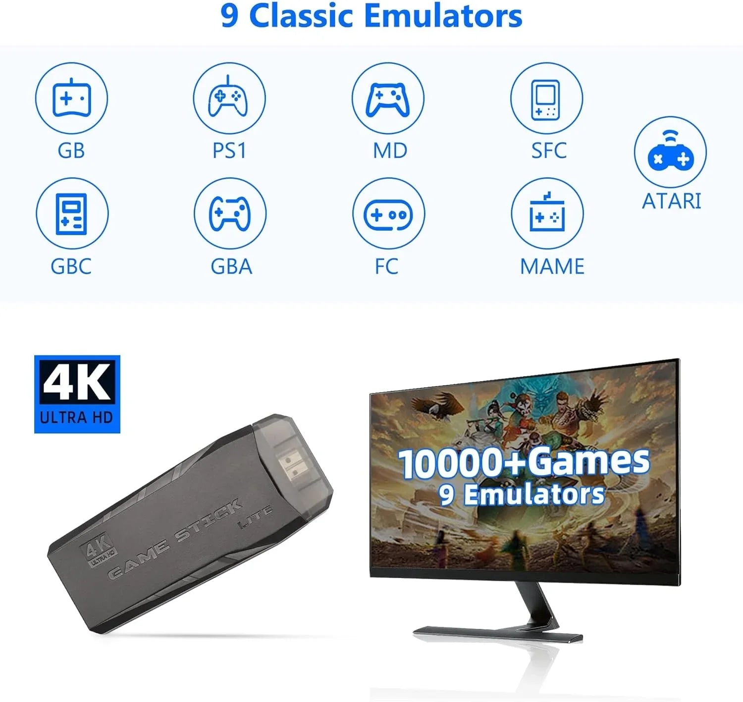Video Built 4K Retro Play Stick,Wireless Console and HD Game Stick in Retro Plug Wireless Output (64G) 9 Game Game Games, Controllers with 2.4GHz 10000+ Emulators,