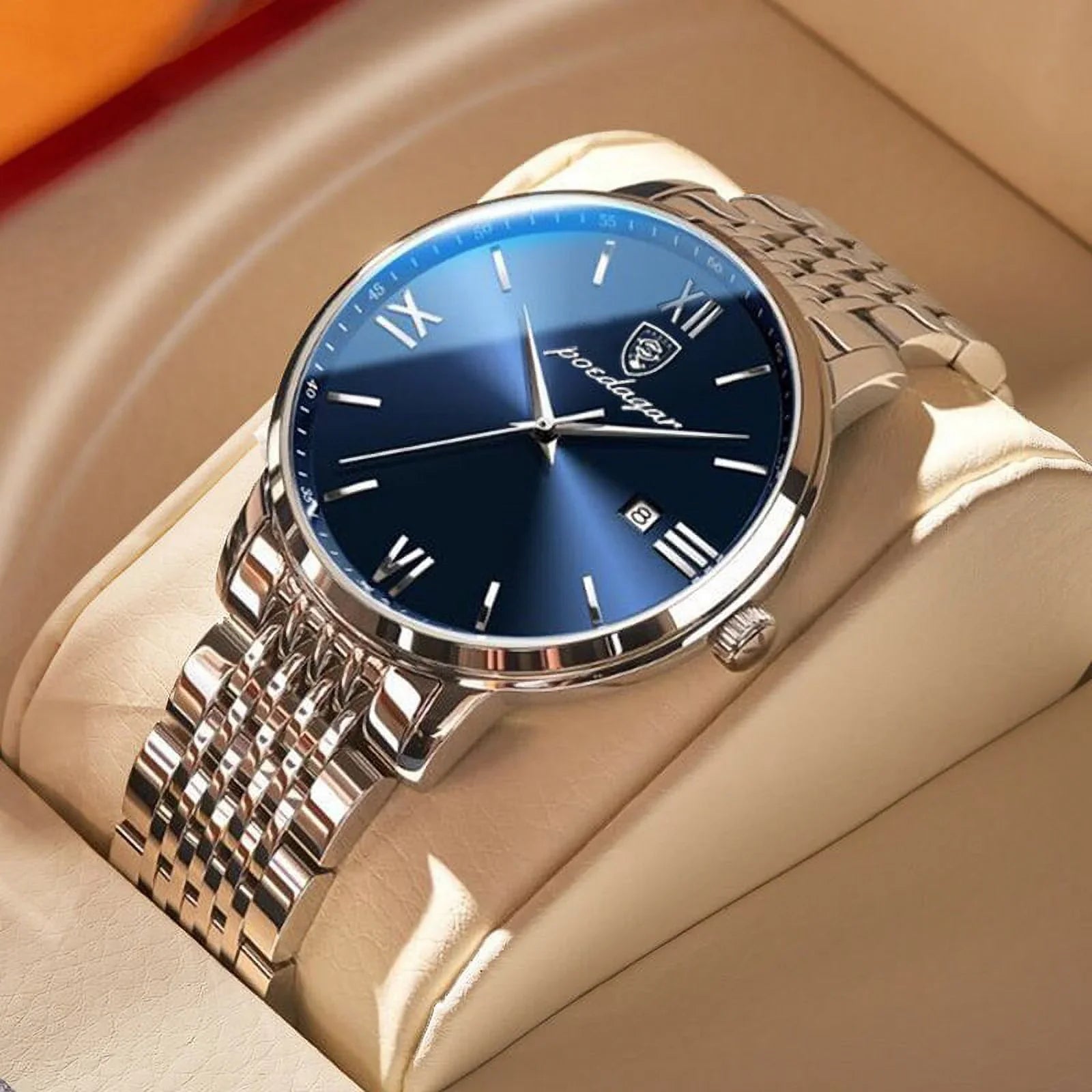 Waterproof Cool Men Fashion Business Stainless Quartz Ultra-Thin Calender New Week Luxury Steel POEDAGAR Watches Wristwatch